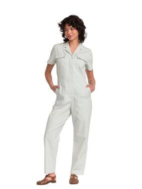 RVCA Womens Short Sleeve Utility Jumpsuit Blue Fog L Elastic Waist Chest Pockets